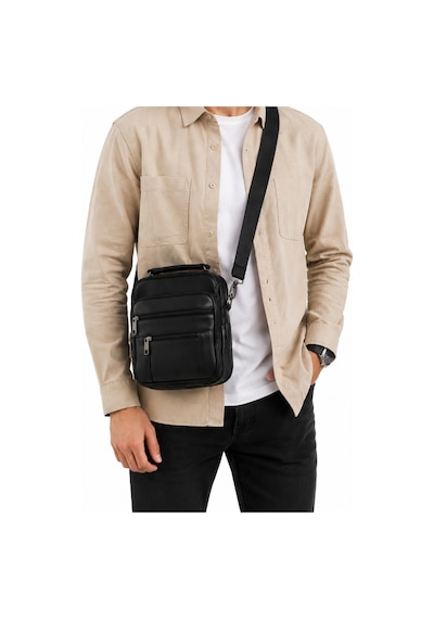 Levano Leather Hakiki Deri Erkek Çapraz Omuz Çantası Orta Boy Çok Bölmeli Fermuarlı Deri Postacı Çanta Siyah