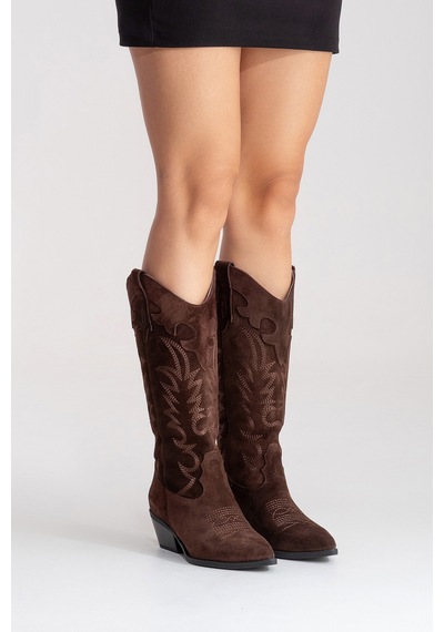 Luvishoes Matıas Kahverengi Süet Hakiki Deri Kadın Nakışlı Western Çizme Kahverengi