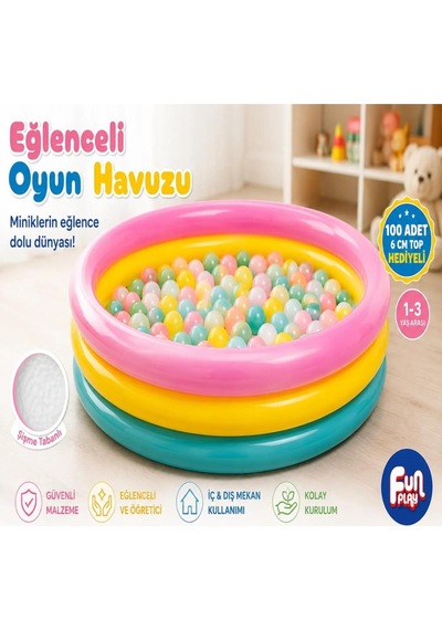 Eğlenceli Oyun Havuzu Şişme Top Havuzu 100 Adet 6 Cm Top Hediyeli Çocuk Oyun Alanı 1-3 Yaş 90 Cm