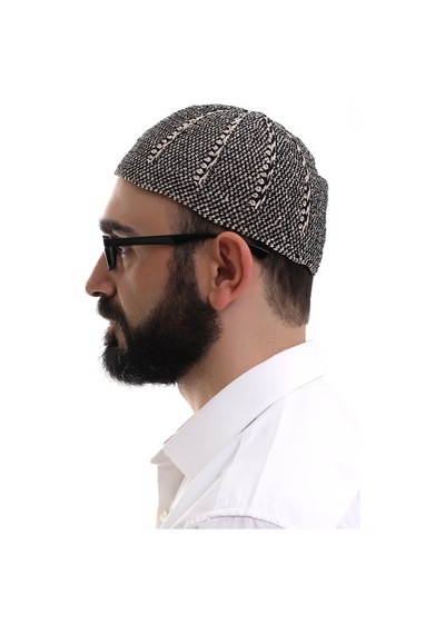 Kışlık Çift Renk Kadife Namaz Takkesi Siyah - Taş Rengi