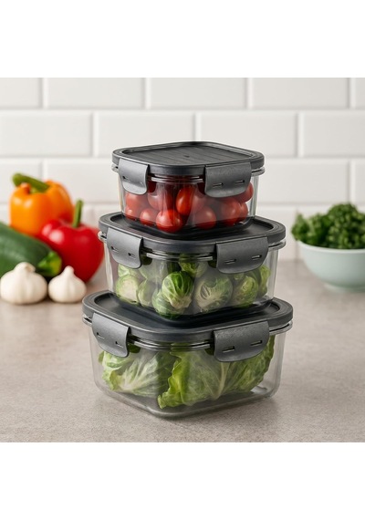 Tam Vakumlu Hava Geçirmez Sızdırmaz Kilitli Saklama Kabı Kare Siyah Şeffaf 3'lü Set 1400ml 800ml 400ml - Bpa Free Diğer