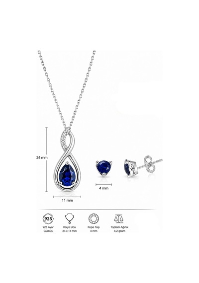 925 Ayar Su Damlası Pırlanta Model Safir Taşlı Gümüş Kolye Küpe Set Beyaz