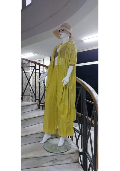 Itayan Ipek Detaylı Oversize Kaftan- Pantolon Takım Hardal