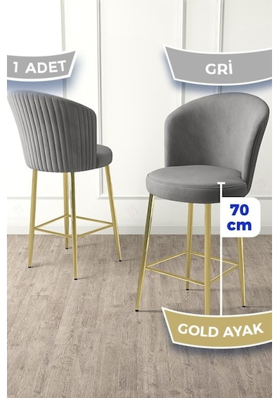 Canisa Fora Serisi Ada Mutfak Bar Sandalyesi Gold Kaplama Metal Ayaklı Babyface Kumaşlı 1 Gri Sandalye Sandalye Gri Ayaklar Gold