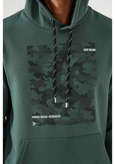 Tommy Life Yeşil Kamuflaj Desen Baskılı Standart Kalıp Kapüşonlu Erkek Sweatshirt - 87884 Yeşil
