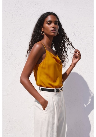 Sateen Askılı Degaje Yaka Bluz - Safran-137670