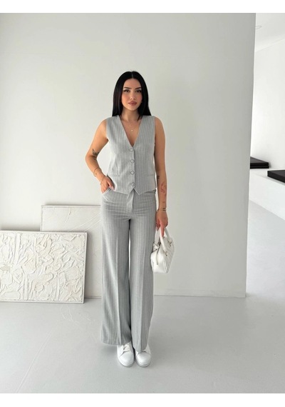 Moda Kadın Çizgili Tansel Kumaş Yelek Pantolon İkili Takım Ofis Şık Modern - Gri Çok Renkli
