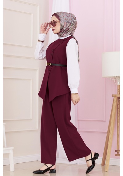 Sevitli Dora Pantolonlu Yelekli Takım-bordo-4895 Bordo