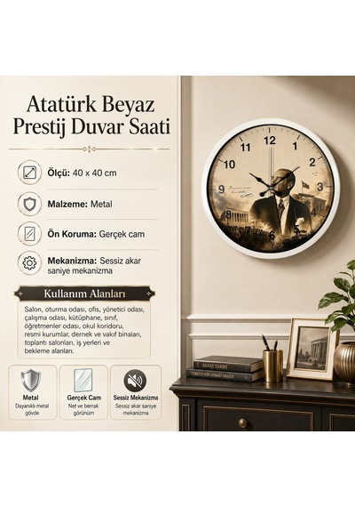 Atatürk Beyaz Prestij 40 X 40 Cm Metal Duvar Saati