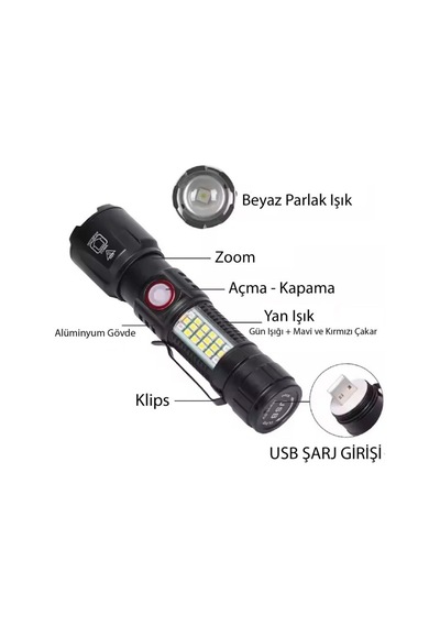 Q-max Ps-2306c Ultra Usb Şarjlı Polis El Feneri, Bekçi, Asker El Feneri Kırmızı Mavi Çakarlı 1000 Lümen Siyah