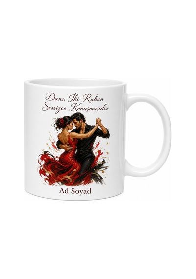 Salsa Ve Tango Dansçıları Çizimli Romantik Kupa Bardak Hediye Beyaz / Çok Renkli