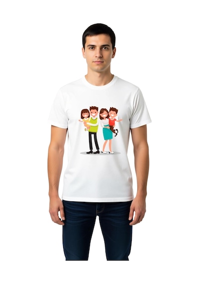 Paybuy Aile Sevgisi Renkli Cizgi Baskılı Erkek Tişört Beyaz