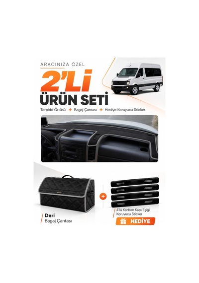 Volkswagen Crafter 2012-2019 Uyumlu Torpido Örtüsü + Deri Bagaj Çantası + Sticker Seti - Siyah Gri