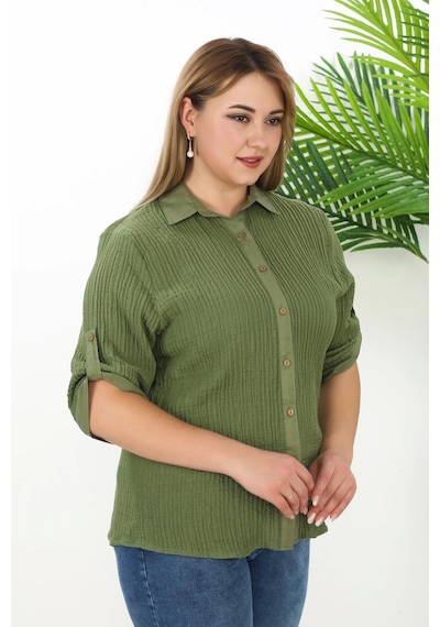 Lady Majestic %100 Cotton Büyük Beden Kadın Müslin Kumaş Gömlek Haki