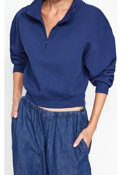 Ersefa Fitted Fermuarlı Yaka Crop Rahat Kesim Crop Basic Fermuarlı Kalın Lacivert