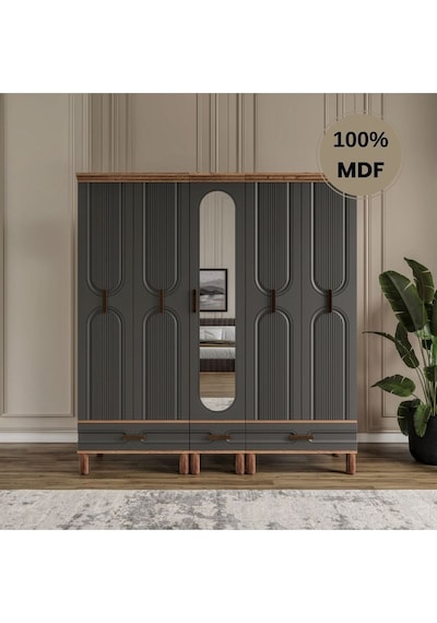 Zen 5 Kapak Ayaklı Tasarım Country Mdf Gardırop Antrasit