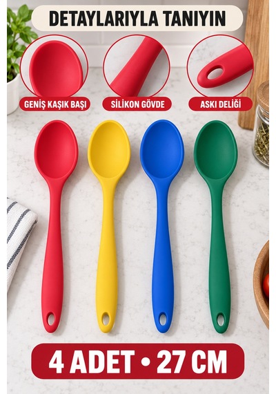4'lü Set Kırmızı Sarı Mavi Yeşil, Büyük Boy Silikon Kaşık Seti 27 Cm, Yemek Pişirme Ve Servis Kaşığı