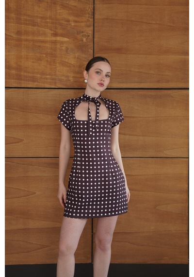 Verymoda Puantiyeli Saten Elbise D2978 Kahve