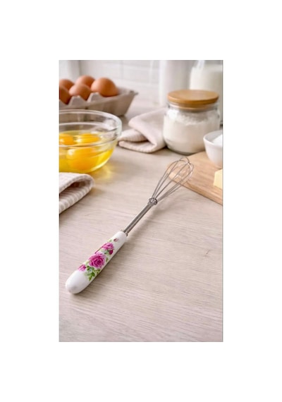Porselen Saplı Metal Mini Çırpıcı 20 Cm El Çırpıcısı, Mutfak Karıştırma Teli Beyaz