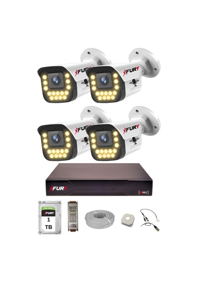 Fury 4 Lü Sesli 15 Warm Led Gece Renkli Görüş Su Geçirmez Güvenlik Kamerası Seti 1tb