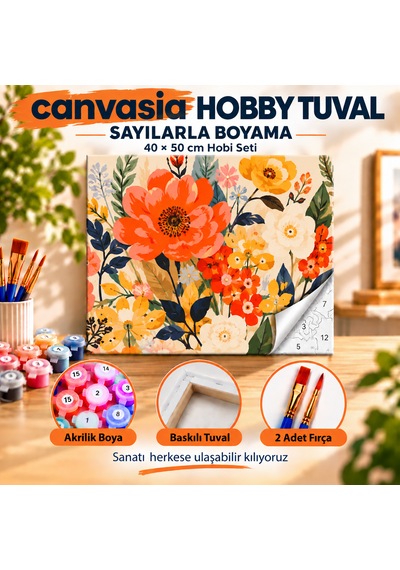 Sayılarla Boyama Numaralı Tuval Seti Boya Fırça Dahil 40x50 Cm Çiçek Şöleni