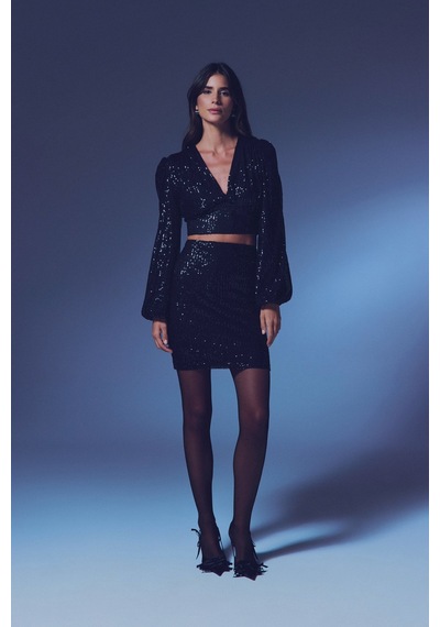 Sateen Kruvaze Payetli Crop Bluz - Siyah