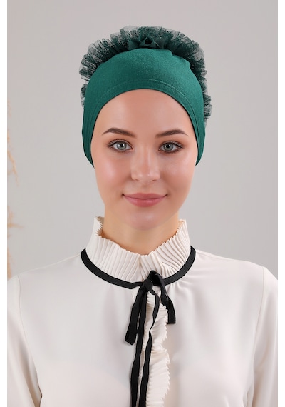 Melodi Scarf Kadın Tesettür Önü Dikişsiz Fırfırlı Penye Bone Zümrüt Yeşili