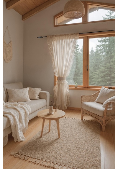 Fırfırlı Tül Perde Tek Kanat Romantik Volanlı Bağlamalı Ekru