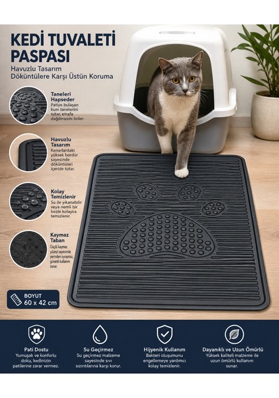 Kedi Kumu Paspası 60x42 Havuzlu Kaymaz Yıkanabilir Kedi Tuvalet Altlığı Döküntü Önleyici Mat