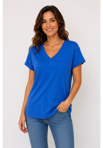 Lyvean V Yaka Cepli Oversize Tshırt Saks Mavi