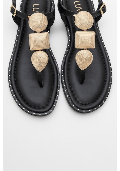 Luvishoes Luvi Shoes Helen Siyah Hakiki Deri Parmak Arası Gold Tokalı Kadın Sandalet Siyah