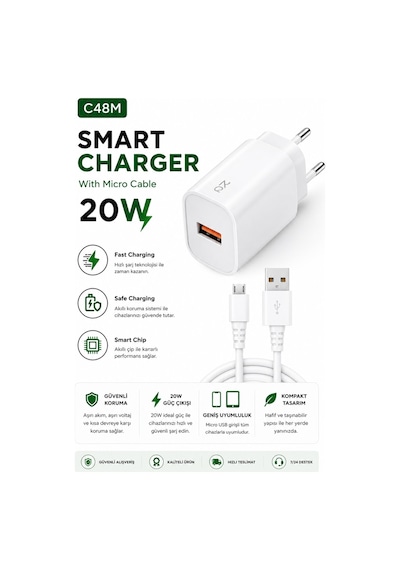 C48m Smart Charger 20w Usb To Mikro Usb Kablolu Hızlı Şarj Aleti Fast Charging Smart Chip Safe Charging Usb Adaptör Ve Mikro Usb Şarj Kablosu