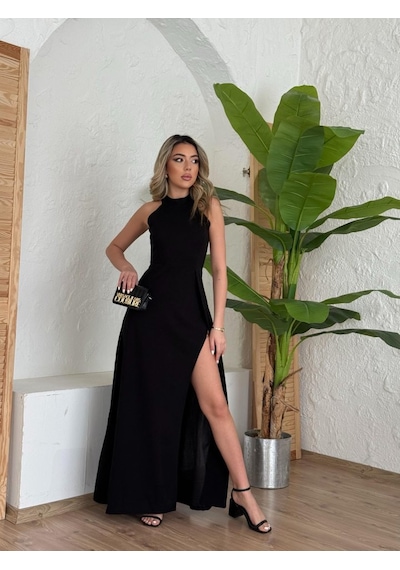 Efnaz Style Kadın Halter Yaka Derin Yırtmaç Detaylı Tam Boy Ithal Krep Abiye Elbise Siyah