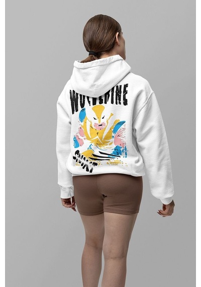 Sevbano Wolverine Karakter Baskılı Unisex Oversize Hoodie Beyaz
