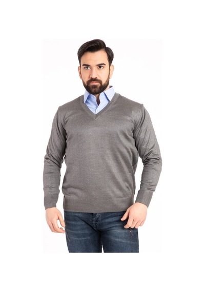 Nacar Store Erkek Gri İnce Yün Triko V Yaka Triko Kazak Koyu Gri