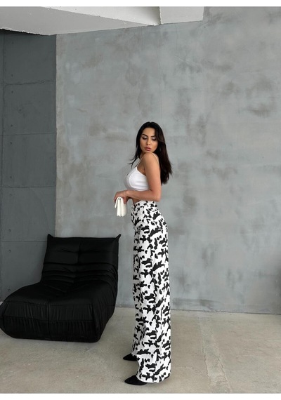 Zeo Basic Baggy Pantolon Beyaz&siyah İnek Desenli Beyaz-siyah