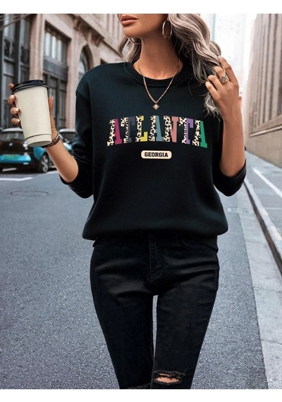 Unisex Oversize Siyah Atlanta Baskılı Bisiklet Yaka Sweatshirt Siyah