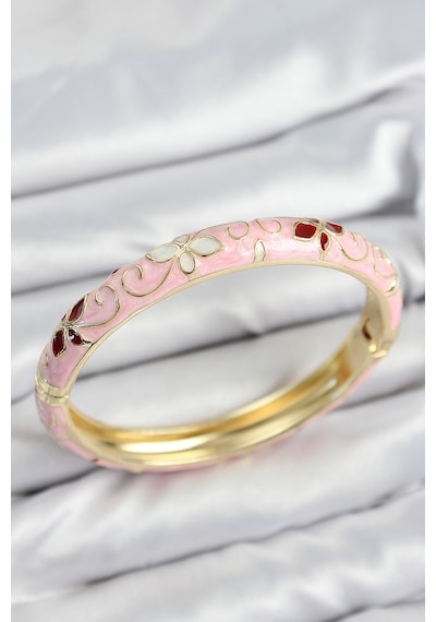 Mineli Pirinç Pembe Çiçek Motifli Gold Kadın Kelepçe