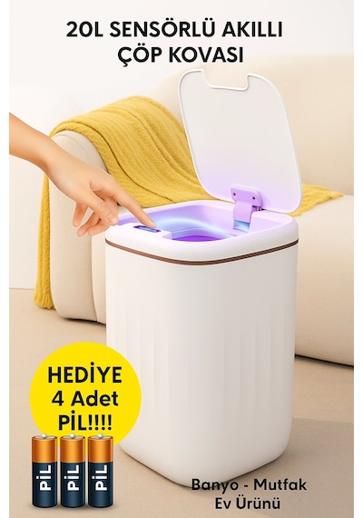 20l Sensörlü Akıllı Antibakteriyel Çöp Kovası Otomatik Kapaklı, Banyo Mutfak 4 Pil Yanında