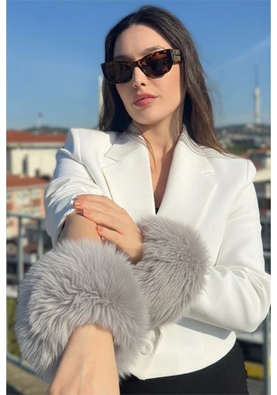 Mollycrush Kadın Gri Kürk Kol Manşeti Kışlık Trend Aksesuar Gri