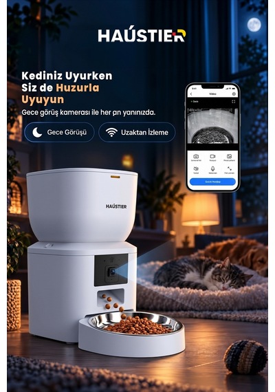 Qq025 Kameralı Akıllı Kedi Köpek Otomatik Mama Kabı,480p Gece Görüşlü, Wifi 2.4ghz, 4 Lt, Metal Kase