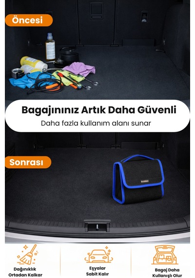 Oto Bagaj Organizer Bagaj Çantası S Boy Kaymaz Cırt Bantlı Velur Kompakt - Siyah Mavi