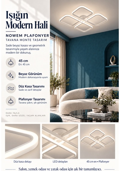 Novem Büyük Plafonyer Modern Ledli Avize 3 Renk Power Ledli Beyaz Kumandalı Yatak Odası Salon Mutfak