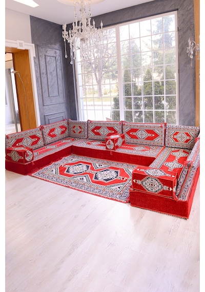 Şark Köşesi Takımı Kırmızı Yahyalı Modeli 15 Parça 20 Cm Minder Kalınlığı