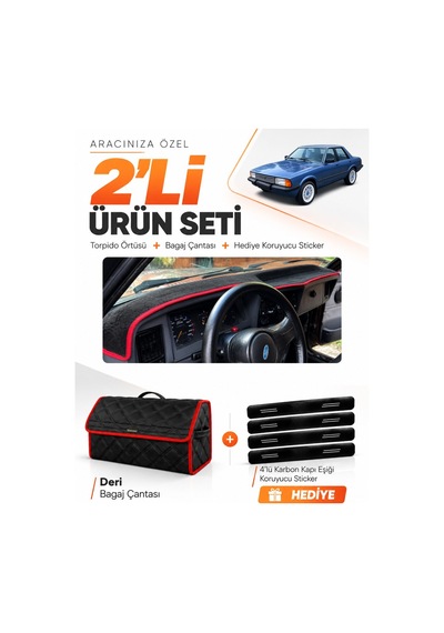E-biz Ford Taunus 1985-1994 Uyumlu Torpido Örtüsü + Deri Bagaj Çantası - Siyah-kırmızı - Fo035