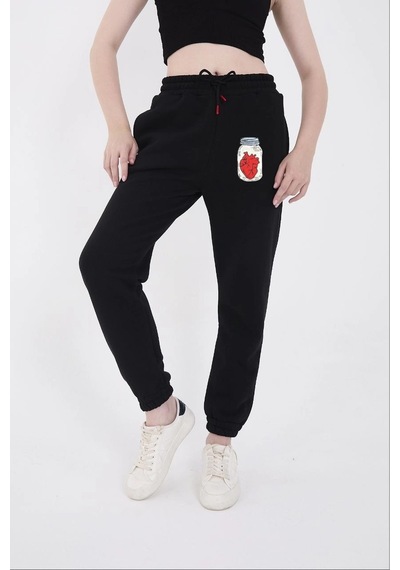 Kadın Üç İplik Pamuklu Baskılı Paçası Lastikli Cepli Eşofman Pantolon - Siyah