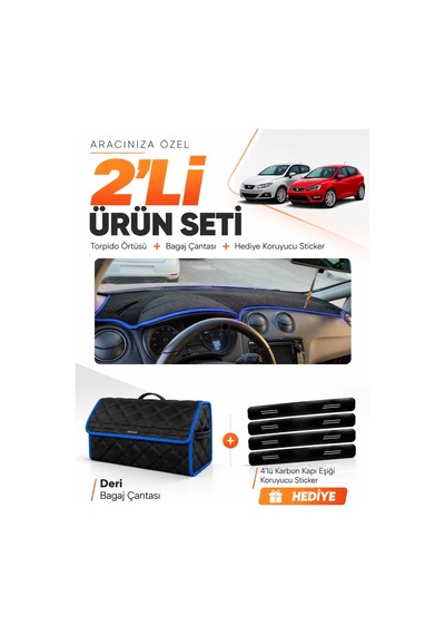 E-biz Seat Ibıza 2008-2017 Uyumlu Torpido Örtüsü + Deri Bagaj Çantası Seti - Siyah-mavi - Se004