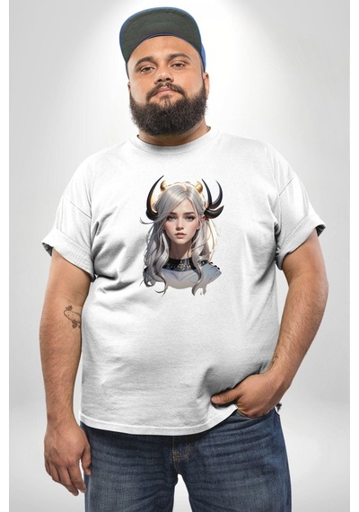Angemiel Koç Kadın Erkek Ünisex Savaşcı Beyaz Büyük Beden Kadın Erkek Ünisex Basic Ön Baskılı Tişört Beyaz