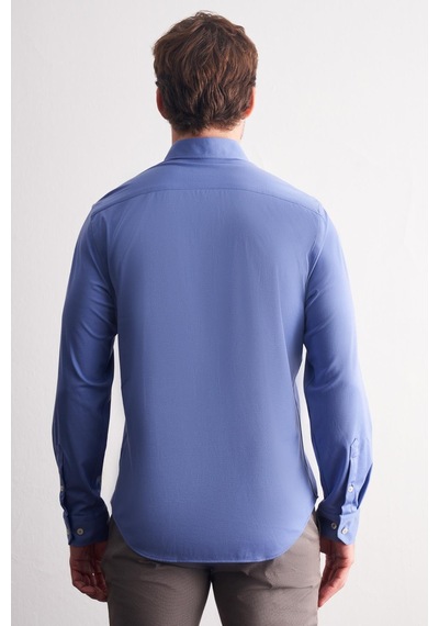 İmza Koyu Mavi Düğmeli Yaka Örme Uzun Kol Performans Ürün Slim Fit Esnek Gömlek 1004255270 Koyu Mavi