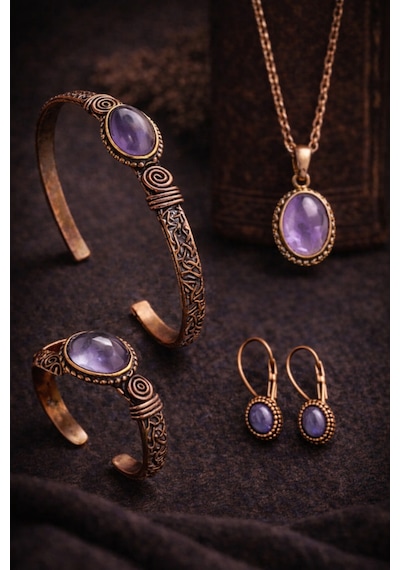 Kadın Bakır Bileklik Kolye Yüzük Küpe Takım Seti Doğal Ametist Taşlı Saf Bakır Set Diğer